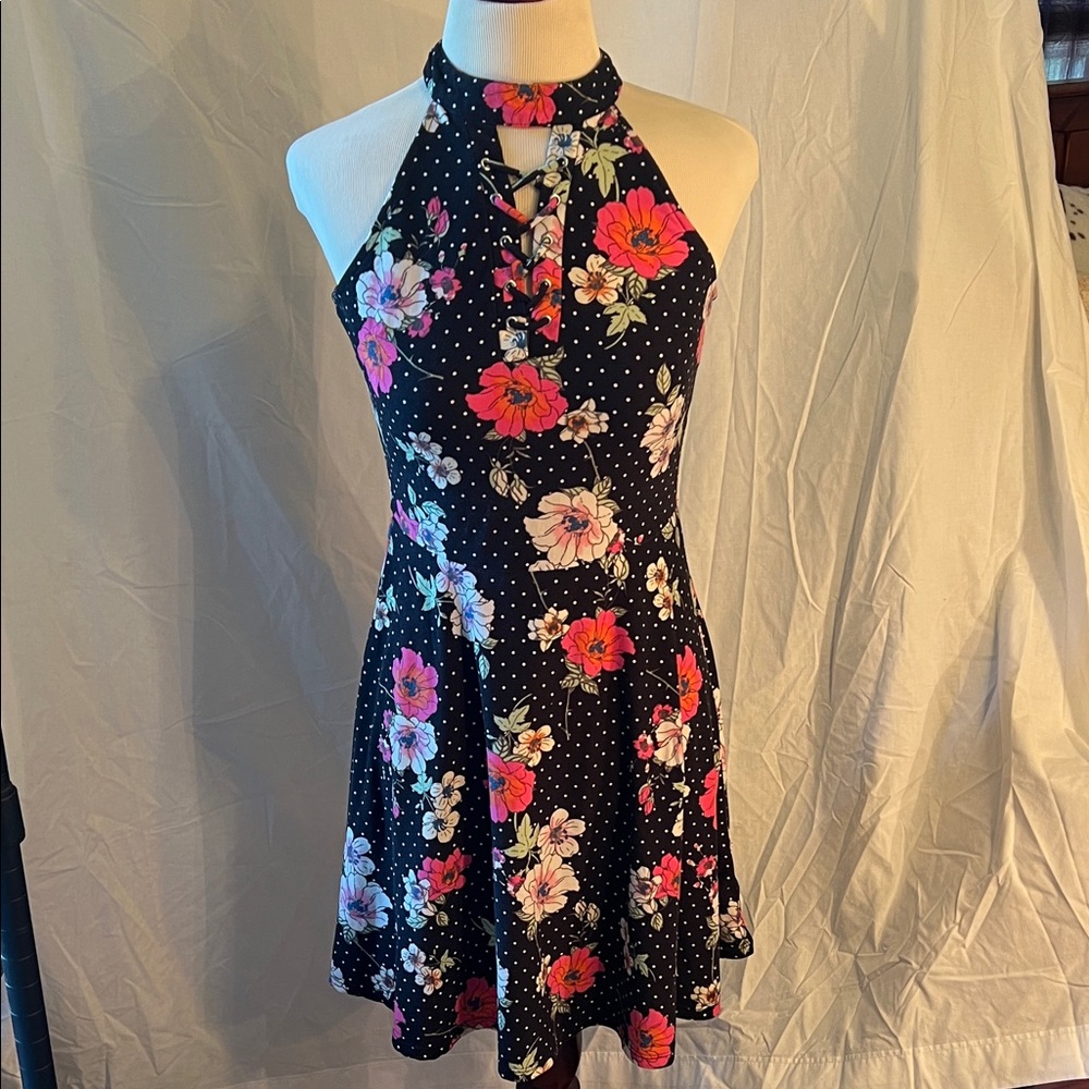 No Boundaries Black Floral Halter Midi Dress with Pink & White Flowers Size 3-5